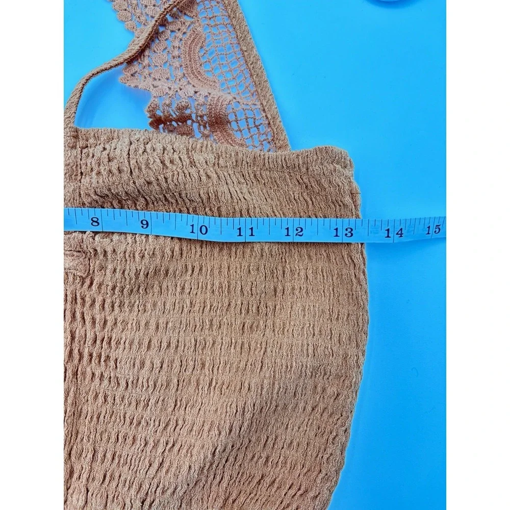 Forever 21 Crochet Lace Back Smocked Crop Top Boho Festival Hippie Brown M NWT - Picture 7 of 7